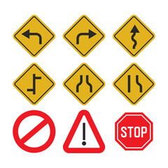 Road traffic signs set in yellow and red. Car direction on the road icons vector illustration way signpost