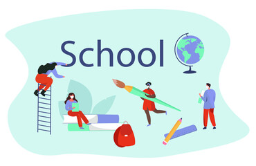 Back to School during Quarantine.Backpack, Pencil, Book and Brush.Students Characters Wearing Face Masks with Studying Supplies.Education in Covid19 Pandemic.Social Distancing.Flat Vector Illustration
