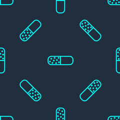 Green line Vitamin complex of pill capsule icon isolated seamless pattern on blue background. Healthy lifestyle. Vector.