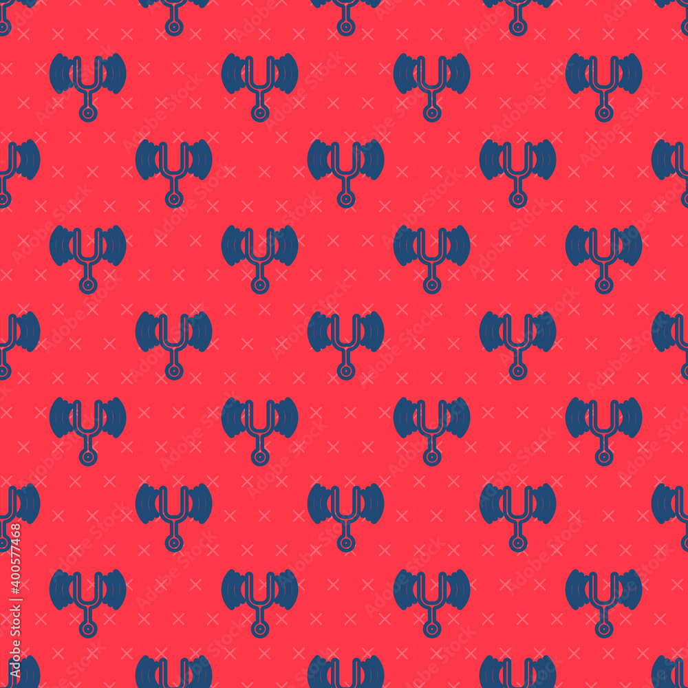 Poster blue line musical tuning fork for tuning musical instruments icon isolated seamless pattern on red b