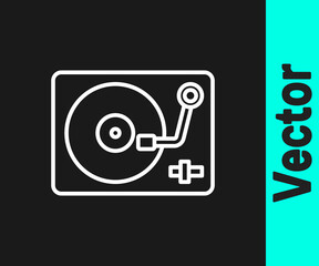 White line Vinyl player with a vinyl disk icon isolated on black background. Vector.