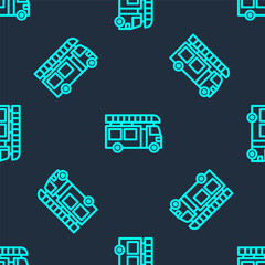 Green line Fire truck icon isolated seamless pattern on blue background. Fire engine. Firefighters emergency vehicle. Vector.