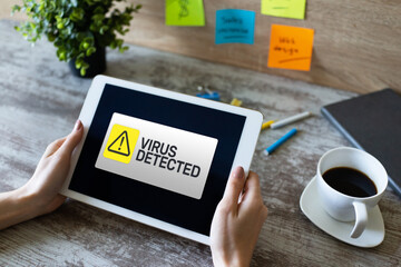 Virus Detected warning message on screen. Cyber security breach. Data protection internet and technology concept.