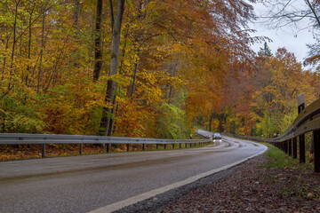 Fototapeta premium Kurve einer nassen Landstrasse im Regen Oberbayern, Bayern, Deutschland