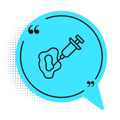 Black line GMO syringe icon isolated on white background. Genetically modified organism acronym. Dna food modification. Blue speech bubble symbol. Vector.