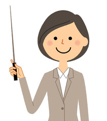 指し棒を持つスーツの女性
