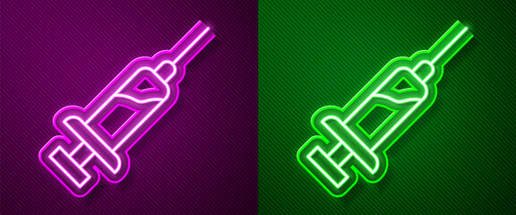 Glowing neon line Syringe with serum icon isolated on purple and green background. Syringe for vaccine, vaccination, injection, flu shot. Medical equipment. Vector.