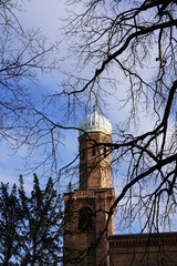 St. Peter und Paul Kirche auf Nikolskoe im Winter hinter kahlen B&auml;umen bei Sonnenschein
