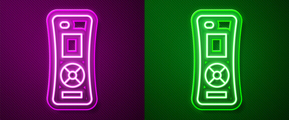 Glowing neon line Remote control icon isolated on purple and green background. Vector.