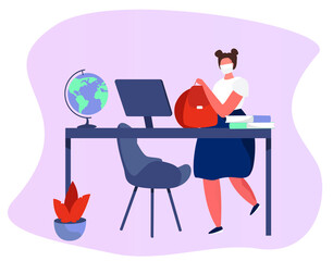Back to School during Quarantine.Backpack, Pencil, Book and Brush.Student Character Wearing Face Masks with Studying Supplies.Onine Education in Covid19 Pandemic.Flat Vector Illustration