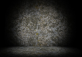 Old aged concrete wall and floor with patches of moss on it 3d rendering