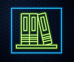 Glowing neon line Office folders with papers and documents icon isolated on brick wall background. Office binders. Archives folder sign. Vector.