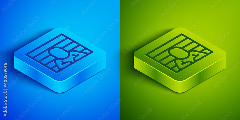Poster isometric line prisoner icon isolated on blue and green background. square button. vector.