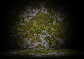 Patches of grass and moss on wall and floor background front view 3d rendering