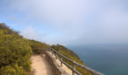 Path of the Natural Park of La Breña, Cadiz, near Gibraltar, in the background, Africa