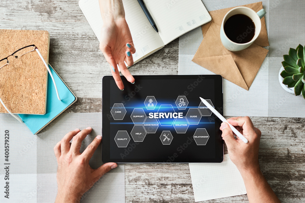 Poster service and customers support business concept on device screen.
