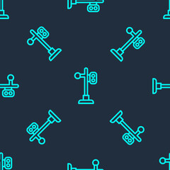 Green line Train traffic light icon isolated seamless pattern on blue background. Traffic lights for the railway to regulate the movement of trains. Vector.