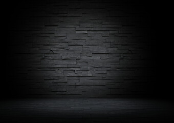 Natural brick wall backdrop very dark background image with vignette front view 3d rendering