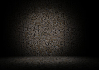Natural rocks as bricks on wall and floor as background stage image front view 3d rendering