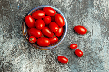 top view fresh red tomatoes inside plate on dark-light background fruit photo dark salad