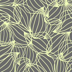 Yellow leaf pattern on grey background. Hand drawn outline leaf background. Modern line art, aesthetic contour.