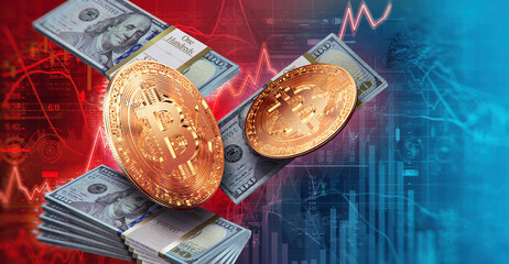 Bitcoin's cryptocurrency price rising. The virtual currency has gained amid stock market turmoil during the pandemic. Blockchain btc money transfers, digital bitcoin 3D illustration with golden coins