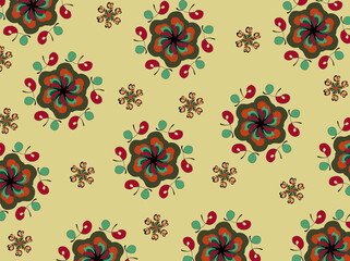 Floral multicoloured patterns on the beige background