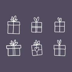Hand drawn gifts collection. Present box with ribbons. Doodle illustrations. Christmas gift symbols.