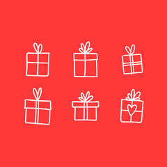 Hand drawn gifts collection. Present box with ribbons. Doodle illustrations. Christmas gift symbols.