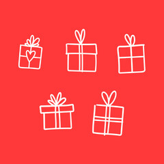 Hand drawn gifts collection. Present box with ribbons. Doodle illustrations. Christmas gift symbols.