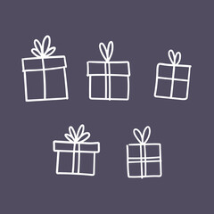Hand drawn gifts collection. Present box with ribbons. Doodle illustrations. Christmas gift symbols.