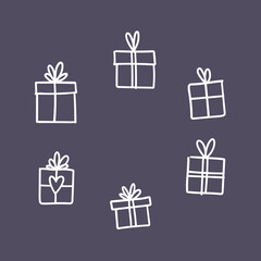 Hand drawn gifts collection. Present box with ribbons. Doodle illustrations. Christmas gift symbols.