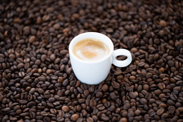 Flat lay with copy space, (selective focus) A white espresso cup with some creamy coffee is placed on some roasted coffee beans.