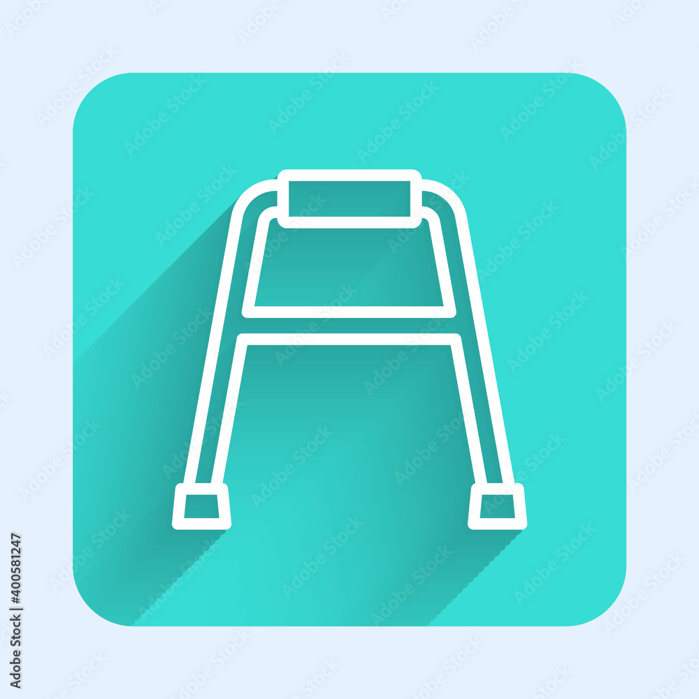 Poster white line walker for disabled person icon isolated with long shadow. green square button. vector.