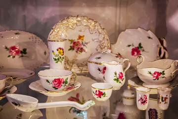 Meissen,Saxony, Germany.  17.02. 2019, beautiful luxury Meisson porcelain tea set very close in...