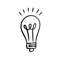 Shining light bulb doodle illustration. Hand drawn bright electric lamp. Symbol of idea and solution.