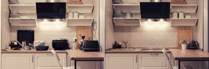 Modern kitchen before and after cleaning and washing up dirty dishes. Clean and cluttered kitchen with a breakfast bar