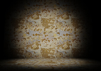 Peeled plaster paint on concrete wall and floor creating perfect texture in dim room 3d rendering