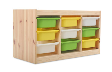 Empty wooden shelving unit isolated on white