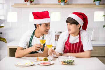 Gay couple toast wine to celebrate Christmas at lunch