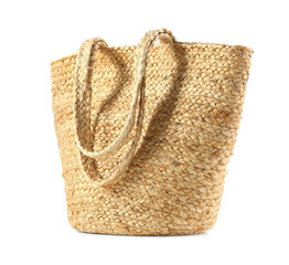 Stylish straw bag isolated on white. Summer accessory
