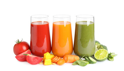 Different tasty juices and fresh ingredients on white background