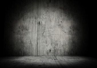 Stained and dirty grunge wall and floor under spotlight in a room, perfect background image 3d rendering