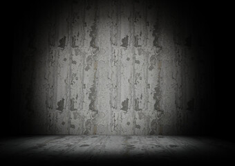 Peeled dry paint on aged old wall and floor in a room under spotlight 3d rendering
