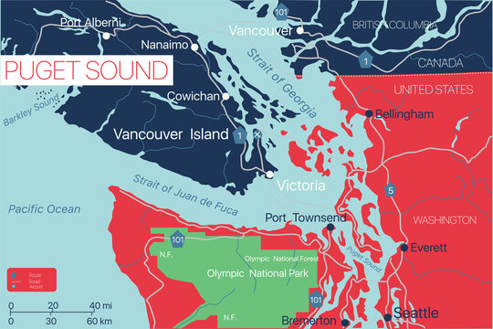 Puget Sound detailed editable map with cities and towns, geographic sites, roads, railways, interstates and U.S. highways. Vector EPS-10 file, trending color scheme