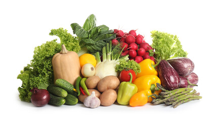 Fototapeta na wymiar Different fresh ripe vegetables on white background