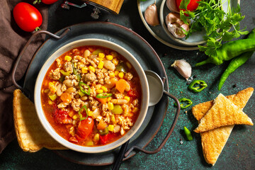 Traditional mexican food. Chili con carne, minced meat with vegetables on dark stone table. Top view flat lay.