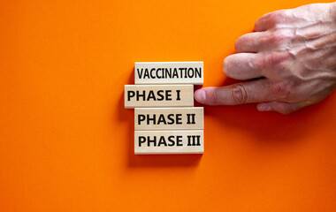 Time to vaccination phase 1. Wooden blocks form the words 'vaccination, phase, 1, 2, 3' on beautiful orange background. Male hand. Medical and covid-19 vaccination phase 1 concept.