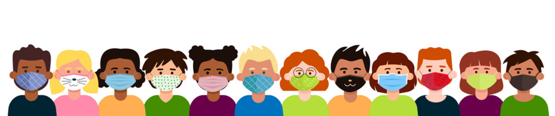 Diverse crowd of children with masks on their faces.