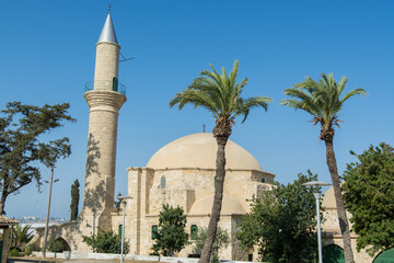 Fototapeta na wymiar Hala Sultan Tekke or the Mosque of Umm Haram near with palm tree, a mosque and tekke complex on the west bank of Larnaca Salt Lake, in Larnaca, Cyprus